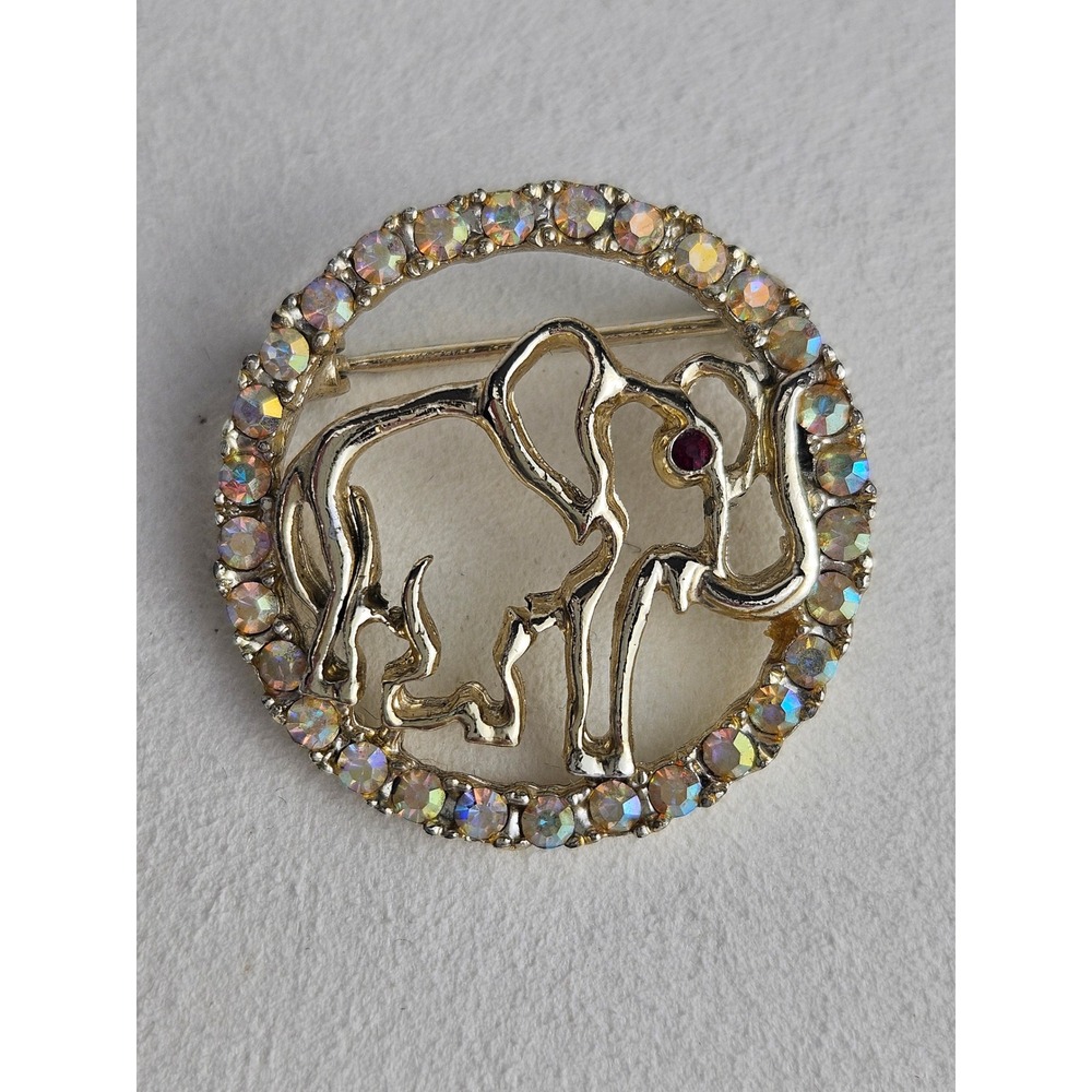 Signed SEARS Elephant Rhinestone Circle Brooch‎ Gold Tone AB